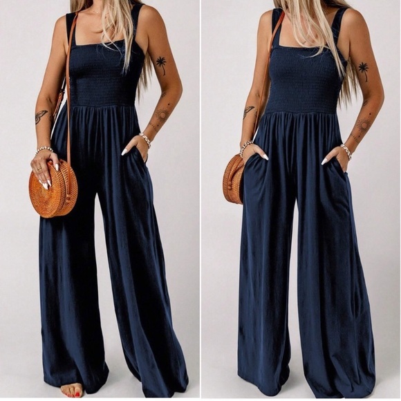 Boho smocked bodice wide leg wide straps cami jumpsuit - Picture 6 of 8